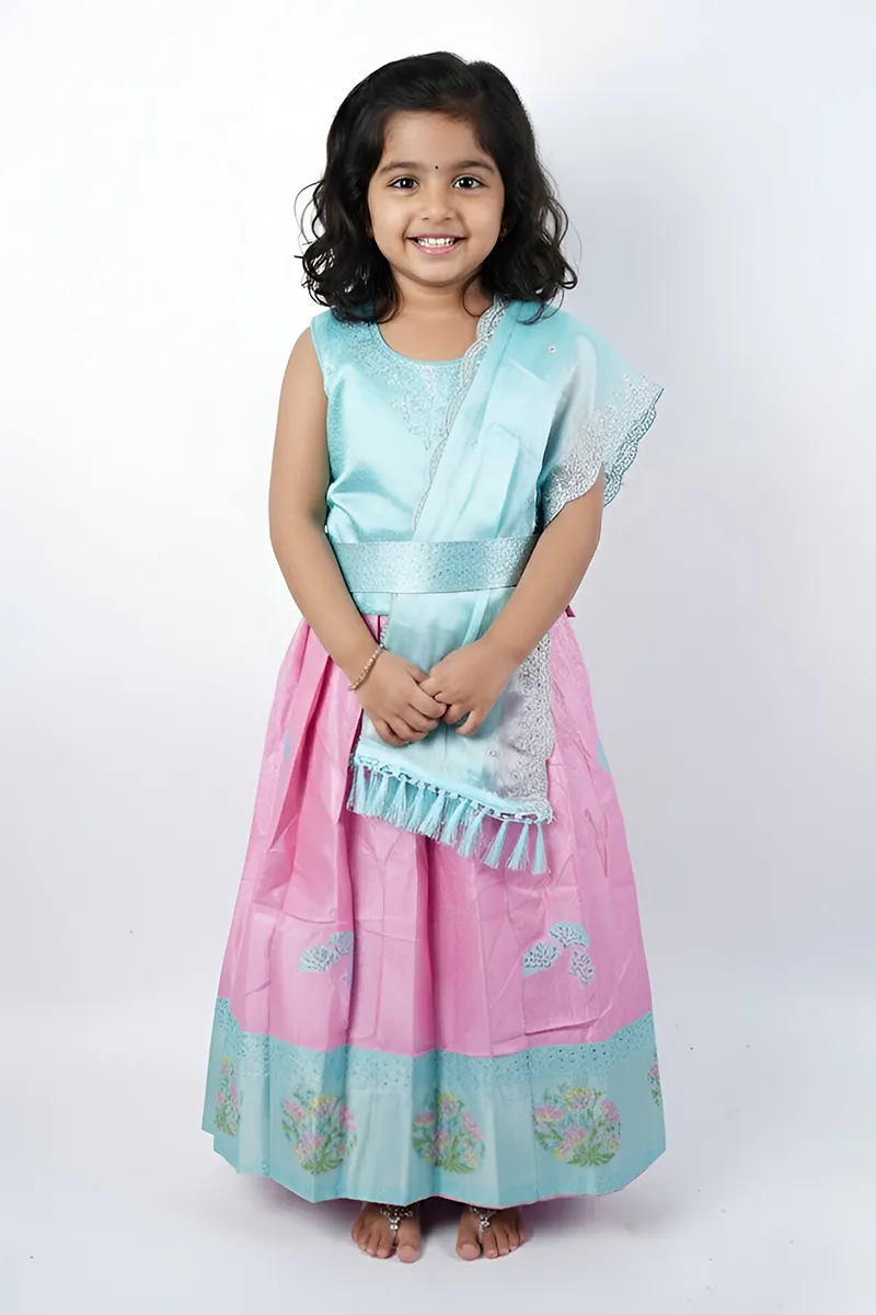 Silk Blend Festive Lehenga Set with Sleeve Fabric for Girls - Sky Blue