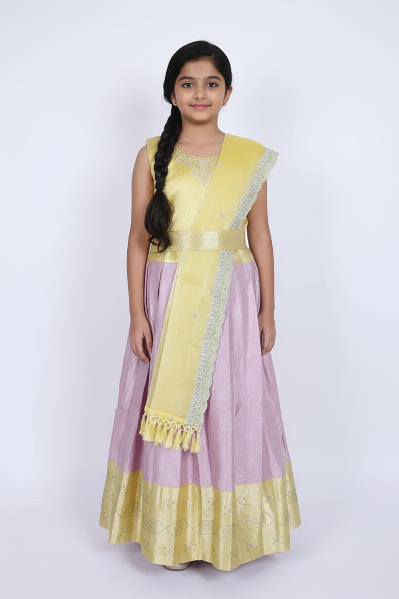 Silk Blend Festive Lehenga Set with Sleeve Fabric for Girls - Olive