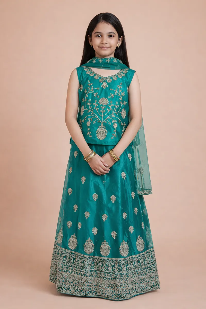 Embroidered Art Silk Lehenga Choli Set with Sleeve Fabric for Girls - Green