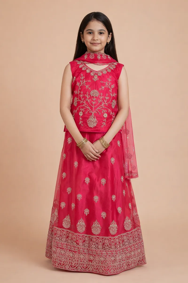 Embroidered Art Silk Lehenga Choli Set with Sleeve Fabric for Girls - Pink CLGE20PIN1314