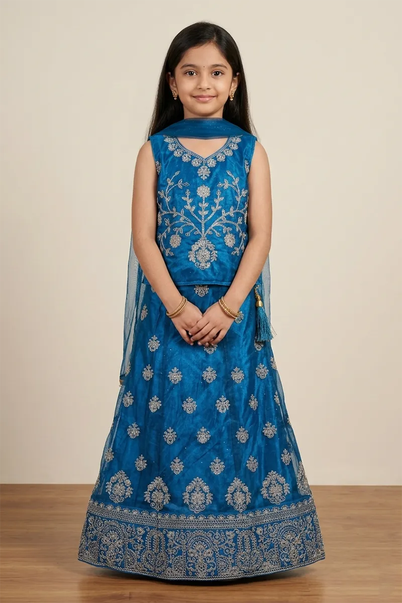 Embroidered Art Silk Lehenga Choli Set with Sleeve Fabric for Girls - Blue CLGE21BLU78YR