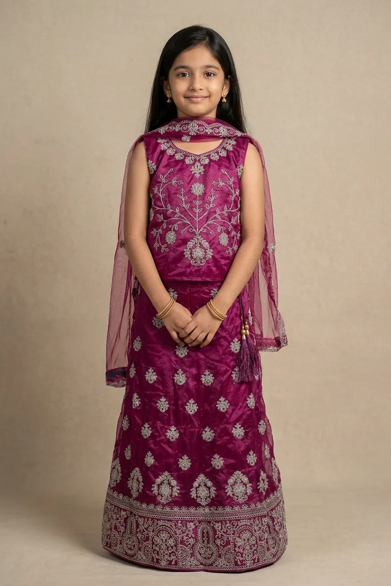 Embroidered Art Silk Lehenga Choli Set with Sleeve Fabric for Girls - Magenta CLGE21MAG78YR