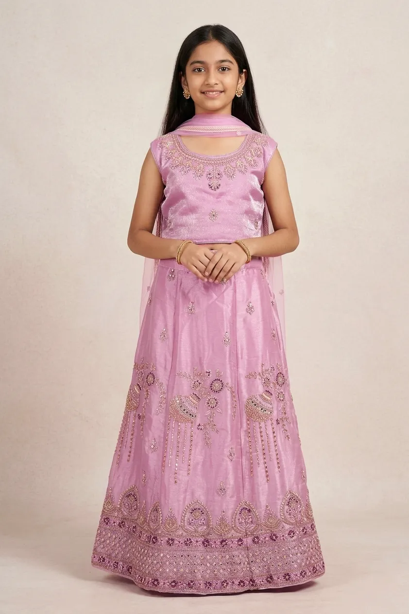 Embroidered Art Silk Lehenga Choli Set with Sleeve Fabric for Girls - Dusty Pink