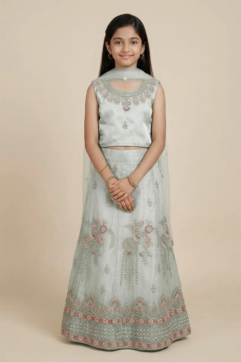 Embroidered Art Silk Lehenga Choli Set with Sleeve Fabric for Girls - Green CLGE22GRE1314