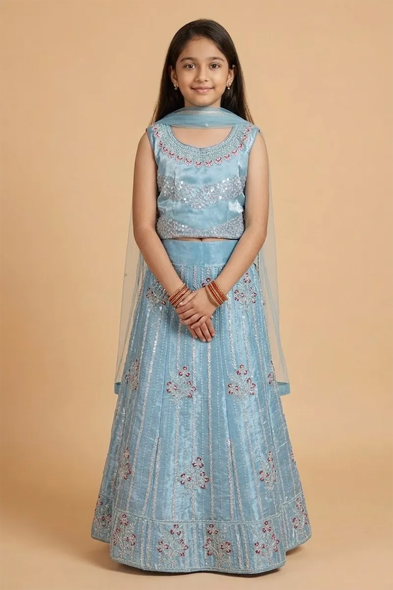 Embroidered Art Silk Lehenga Choli Set with Sleeve Fabric for Girls - Grey