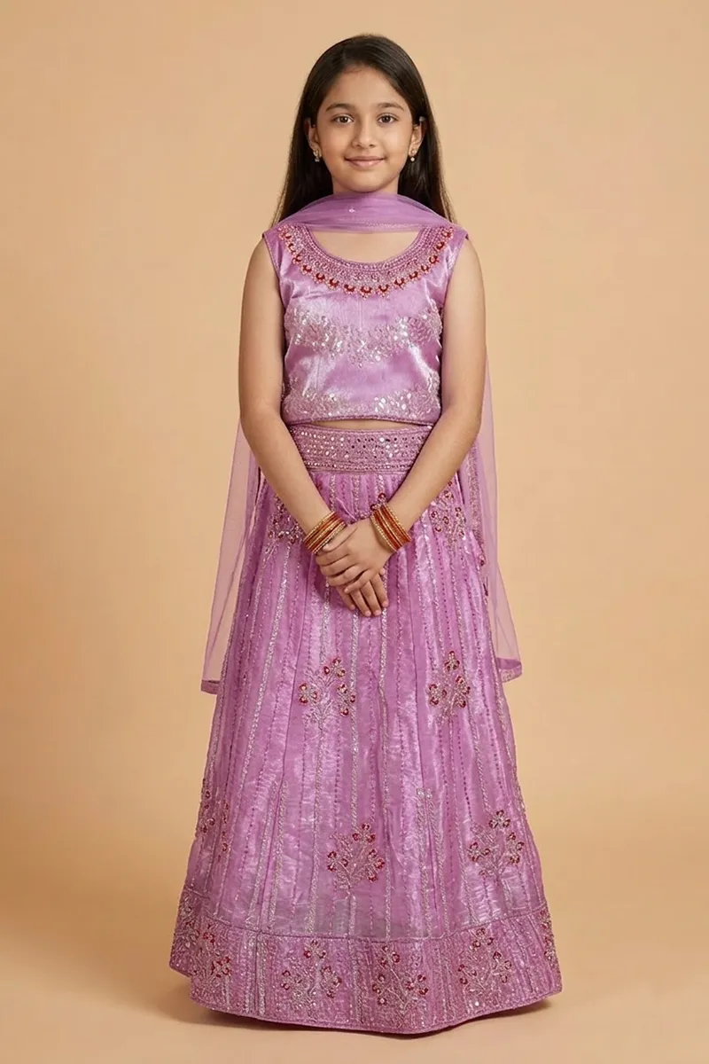 Embroidered Art Silk Lehenga Choli Set with Sleeve Fabric for Girls - Lavender