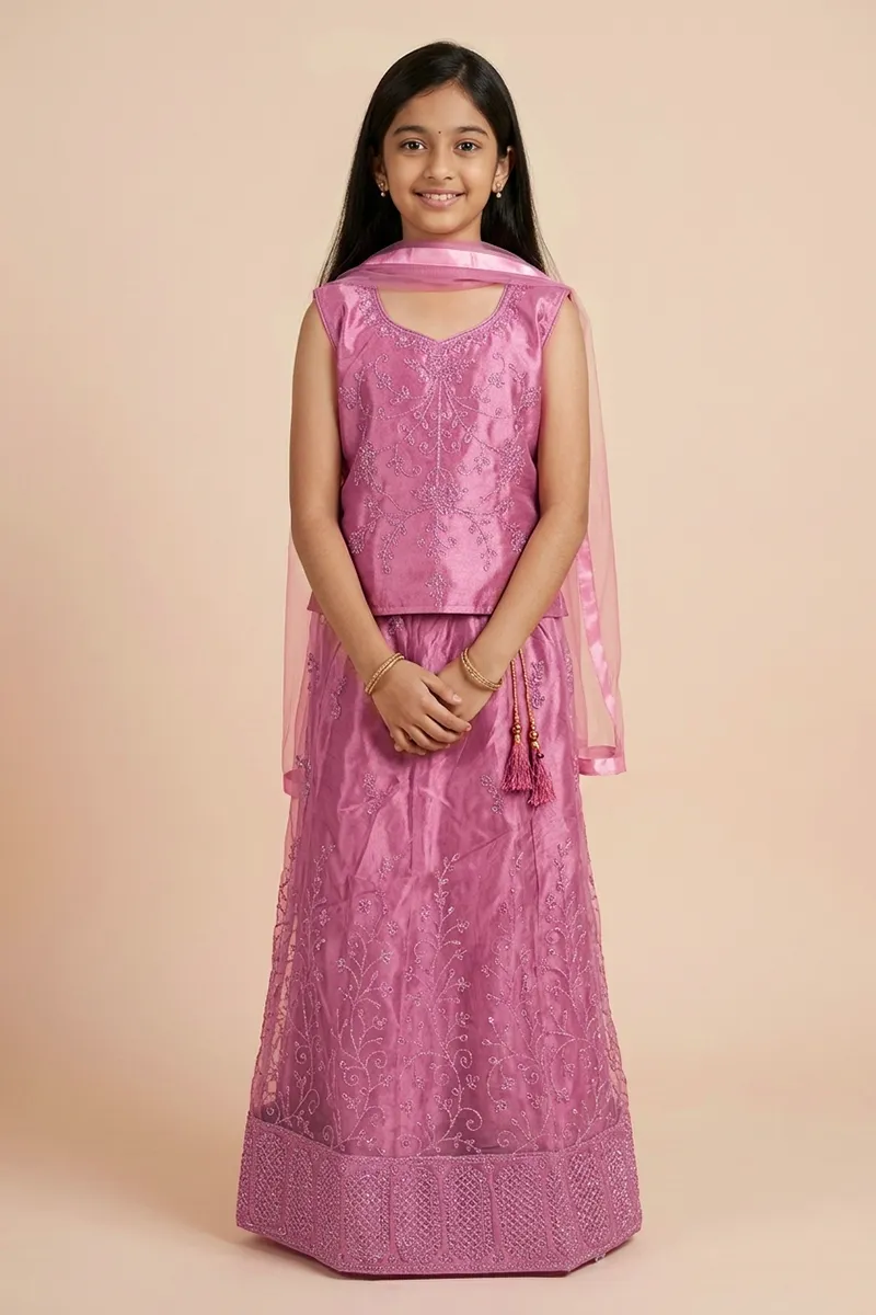 Embroidered Art Silk Lehenga Choli Set with Sleeve Fabric for Girls - Dusty Pink CLGE24DUS1314
