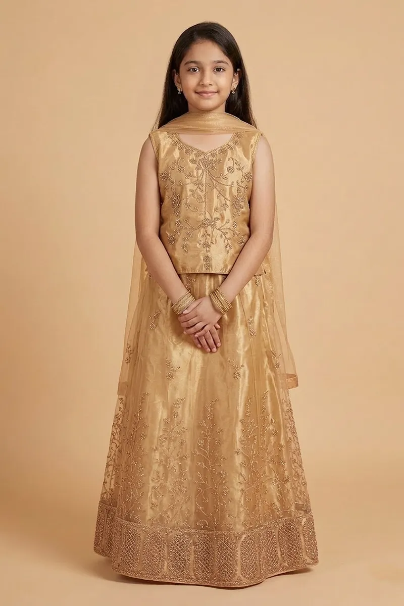 Embroidered Art Silk Lehenga Choli Set with Sleeve Fabric for Girls - Gold