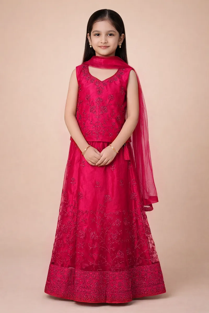 Embroidered Art Silk Lehenga Choli Set with Sleeve Fabric for Girls - Pink CLGE25PIN1314