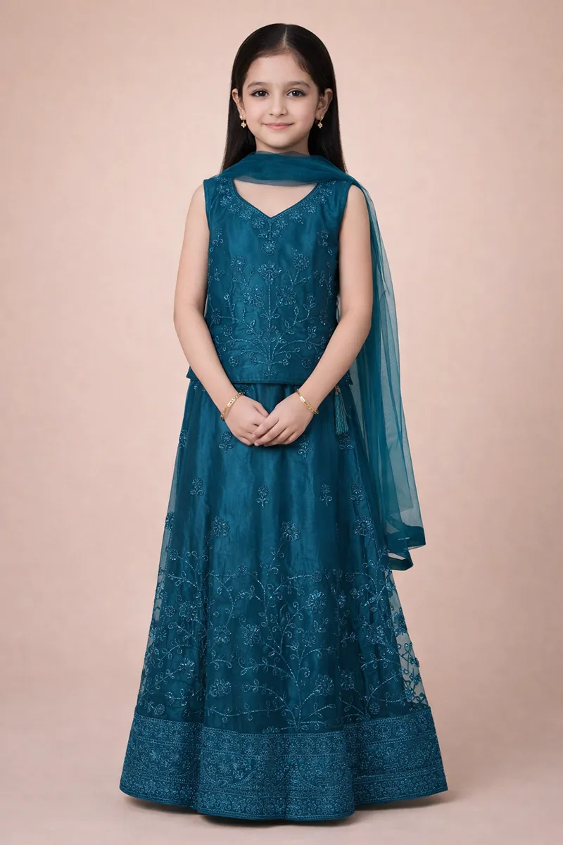 Embroidered Art Silk Lehenga Choli Set with Sleeve Fabric for Girls - Teal