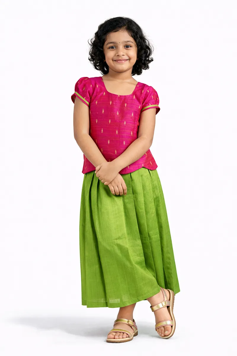 Raw Silk Pattu Pavadai Set for Girls - Pink