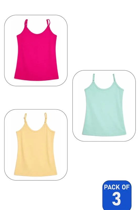 Assorted Pack of 3 Cotton Solid Camisole for Girls - Multicolor