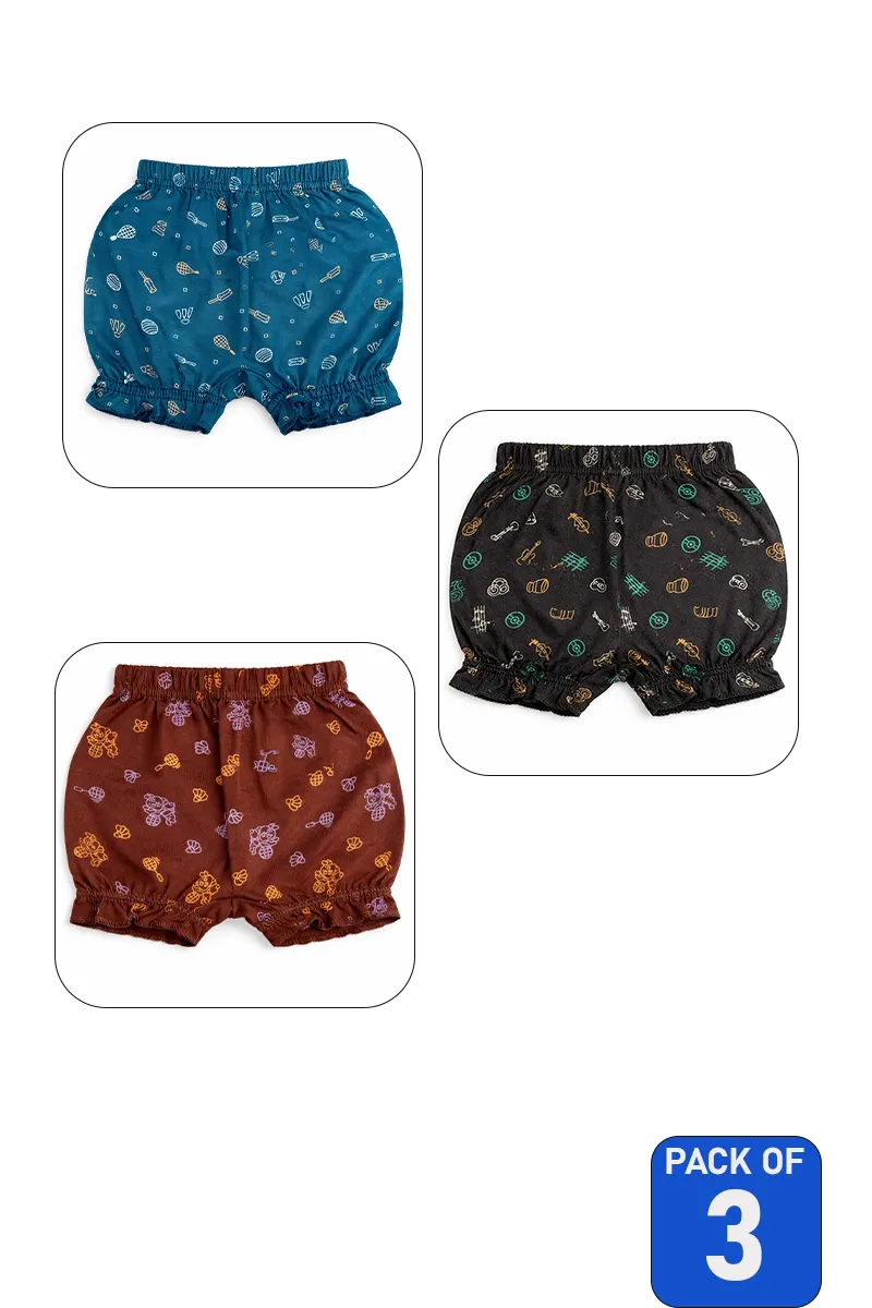 Assorted Pack of 3 Cotton Printed Bloomer Shorts for Girls - Multicolor
