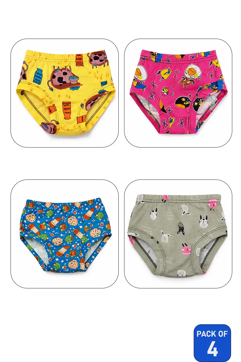 Assorted Pack of 4 Cotton Printed Panties for Girls - Multicolor