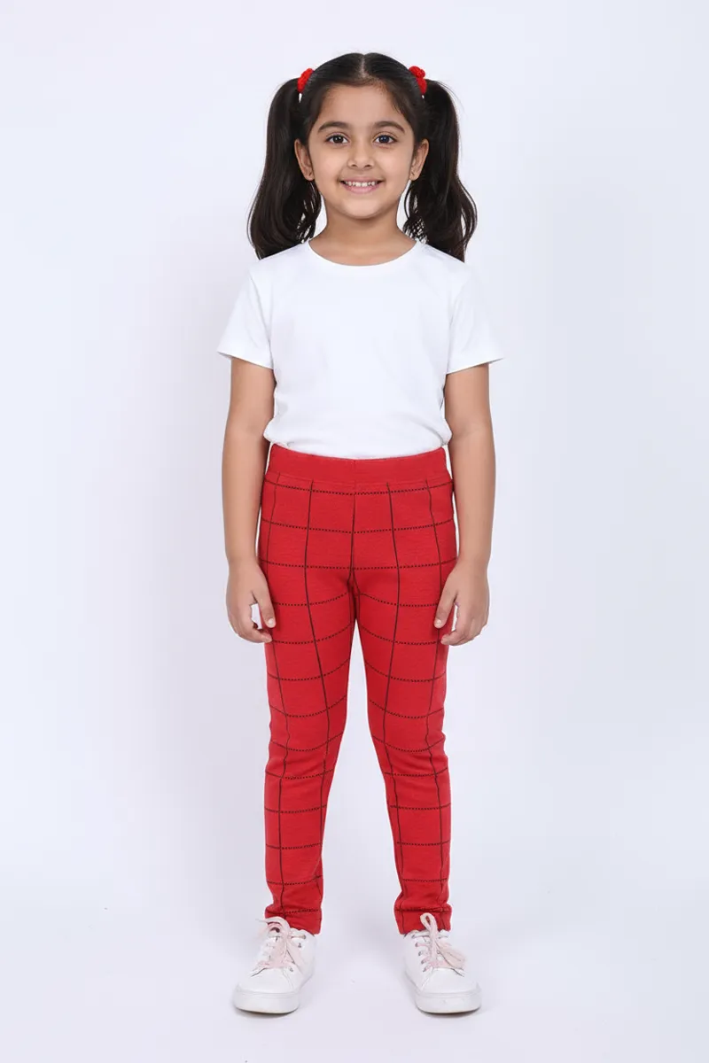 Girl's Cotton Lycra Checkered Jeggings - Red CLGL001RED1314YR