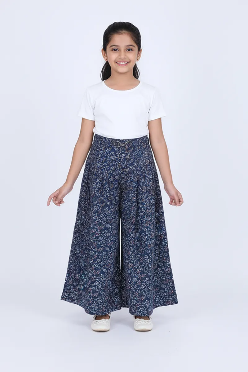 Girl's Rayon Printed Wide Leg Palazzo - Blue Grey CLGP002BLUGRE1718YR