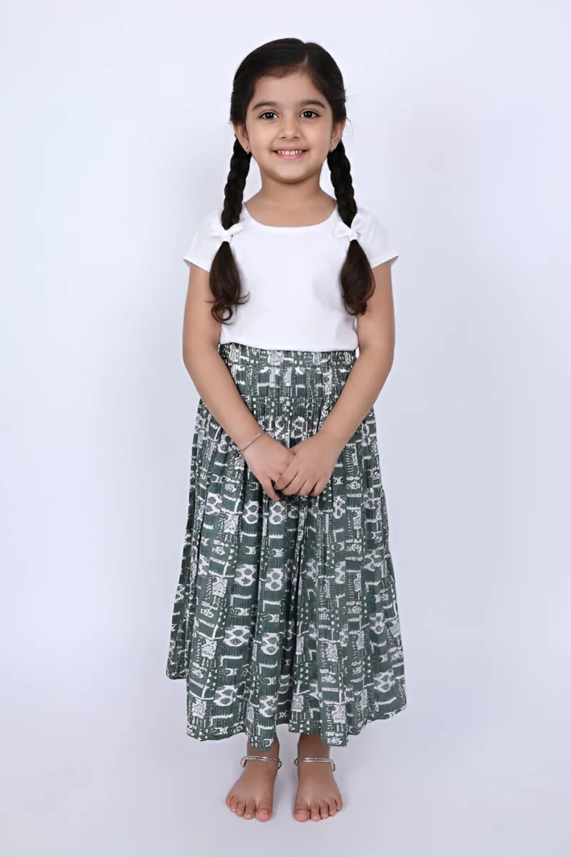 Girl's Cotton Blend Geometric Printed Flared Skirt - Sage CLGS004SAG56YR