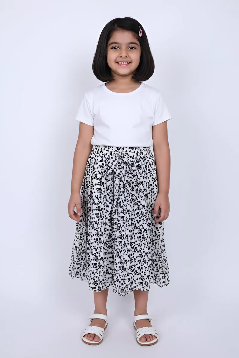 Girl's Polyester Printed Flared Skirt - White