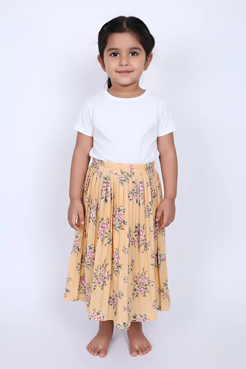Girl's Rayon Floral Printed Flared Skirt - Yellow CLGS007YEL1112YR