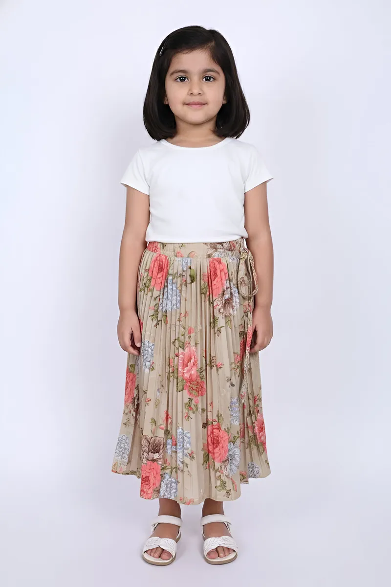 Girl's Rayon Floral Printed Flared Skirt - Grey