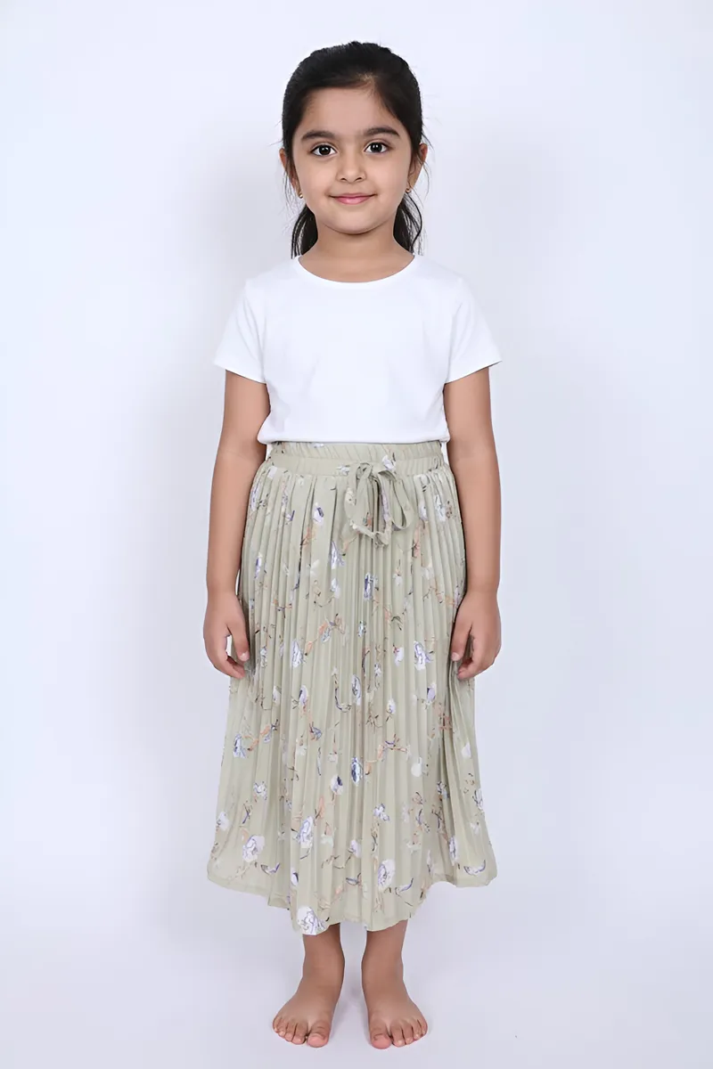 Girl's Rayon Floral Printed Flared Skirt - Pista
