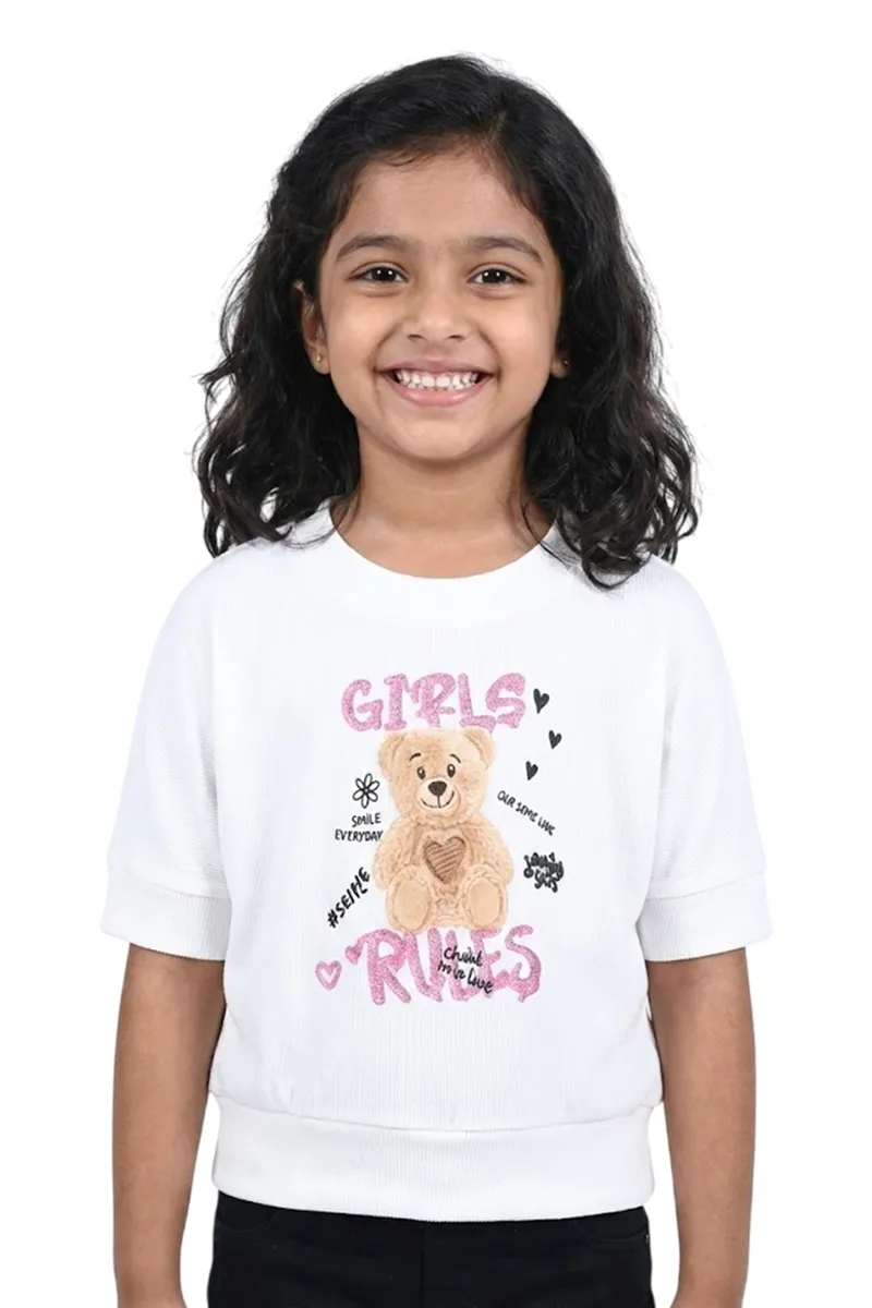 Girl's Cotton Blend Graphic Printed Top - White CLGT0012WHI78YR