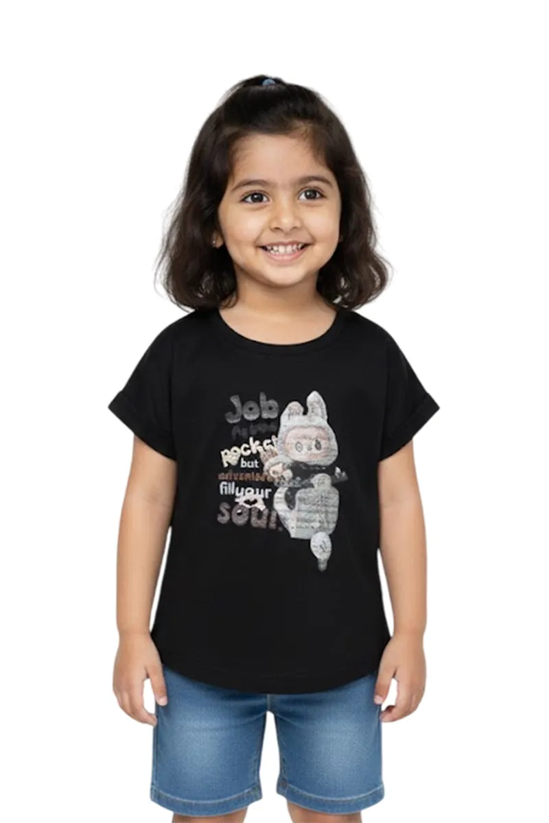 Girl's Cotton Blend Graphic Printed Top - Black CLGT0016BLA67YR