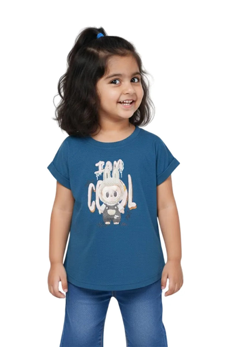 Girl's Cotton Blend Graphic Printed Top - Teal CLGT0017TEA89YR