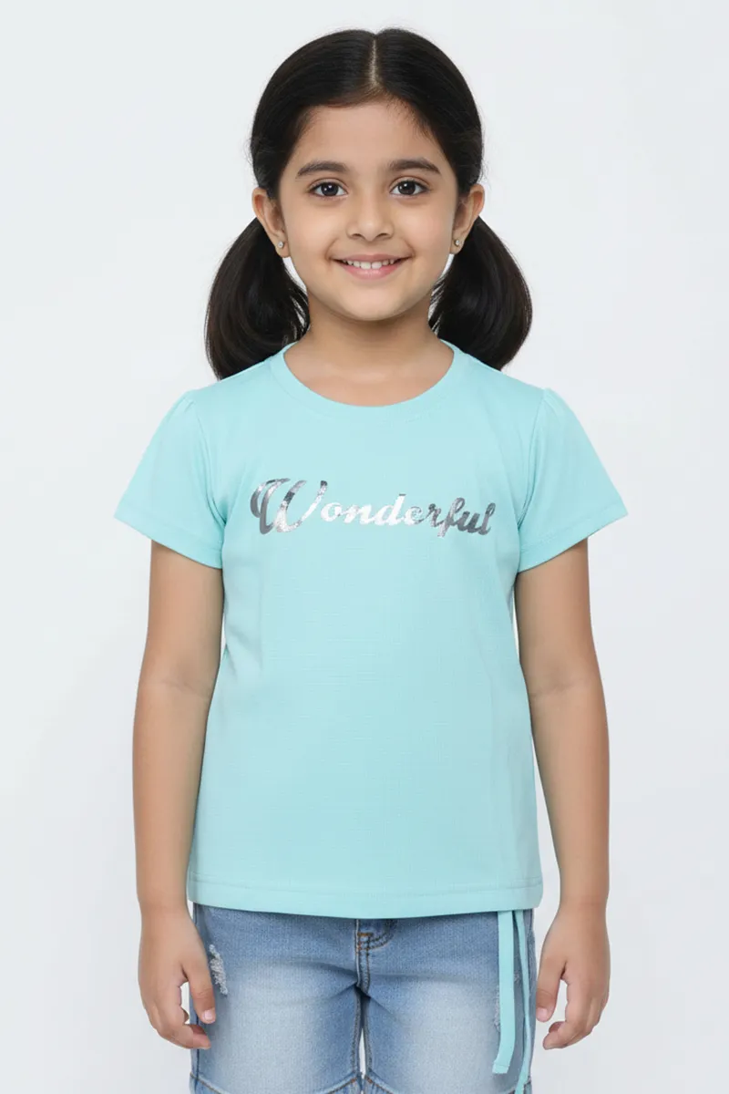 Printed Cotton T-Shirt for Girls - Aqua