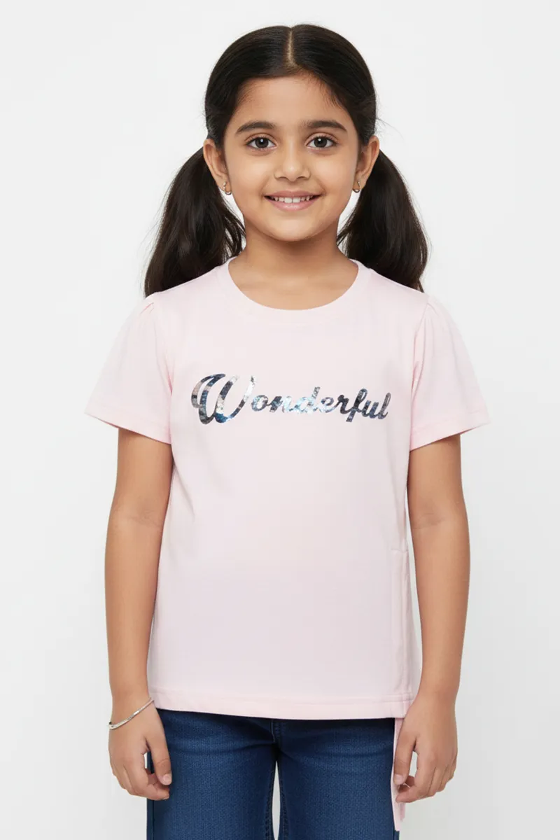 Printed Cotton T-Shirt for Girls - Baby Pink