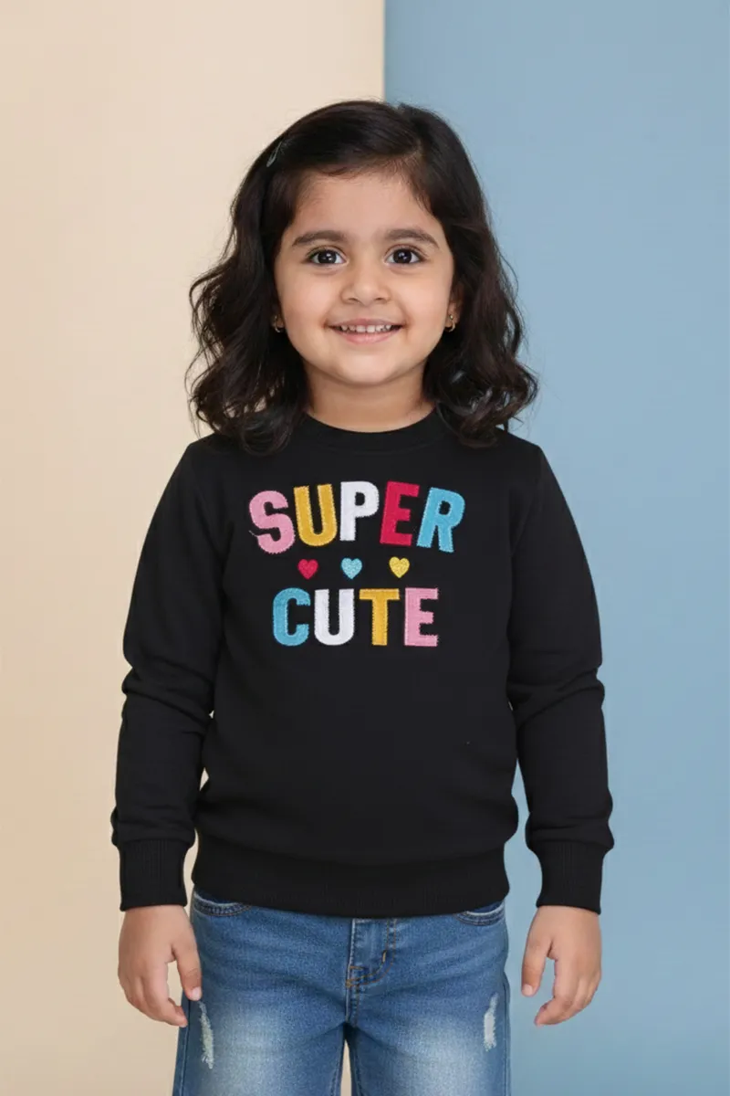 Cotton Blend Printed Sweatshirt for Girls - Black
