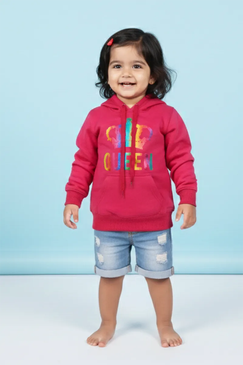 Cotton Blend Printed Casual Hoodie for Girls - Deep Pink