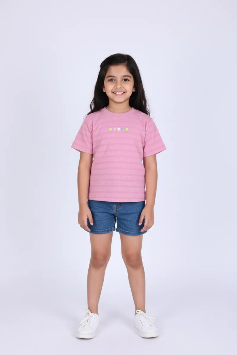 Girl's Cotton Striped Textured T-Shirt - Dusty Pink CLGT001DUSPIN45YR