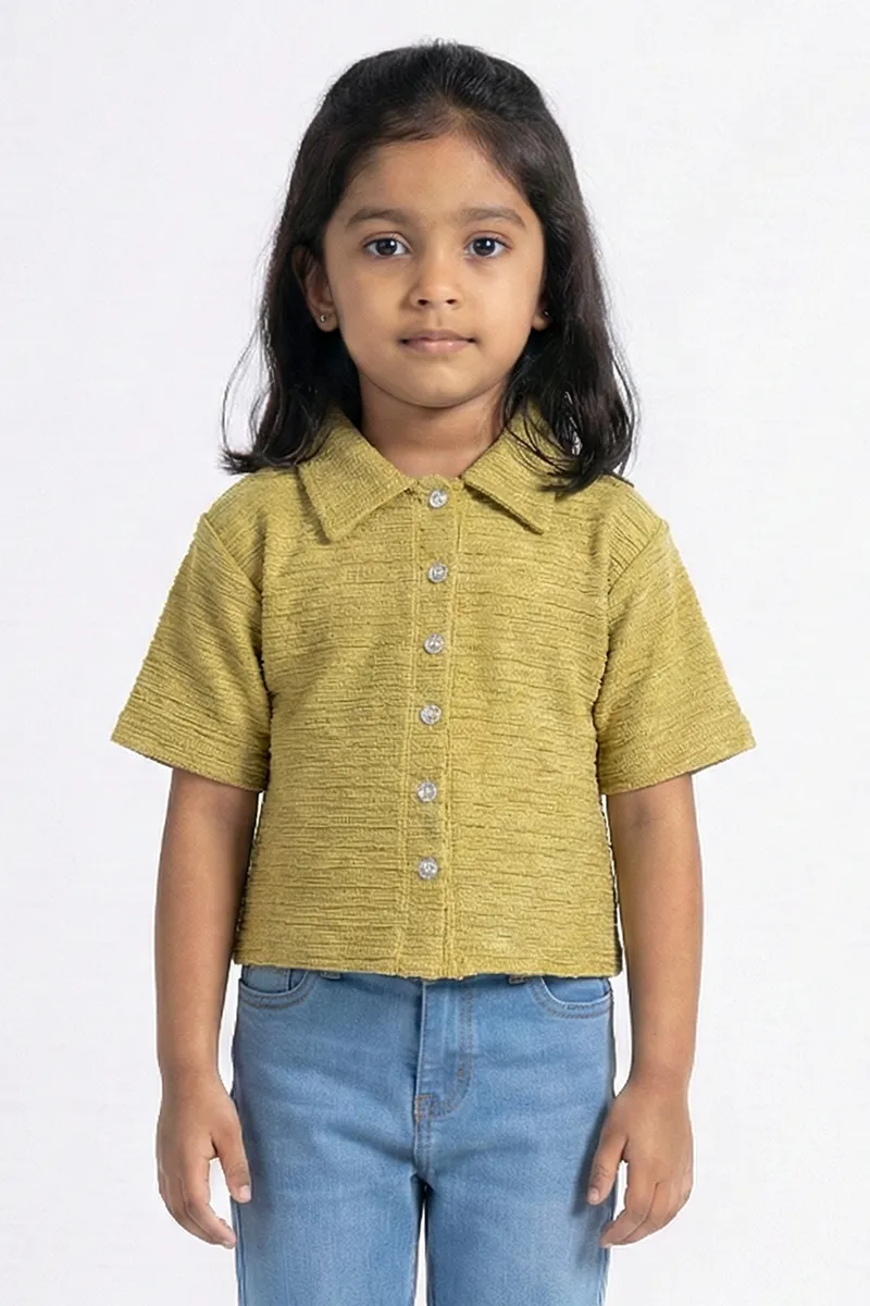 Textured Half-Sleeve Collared Top for Girls - Lime