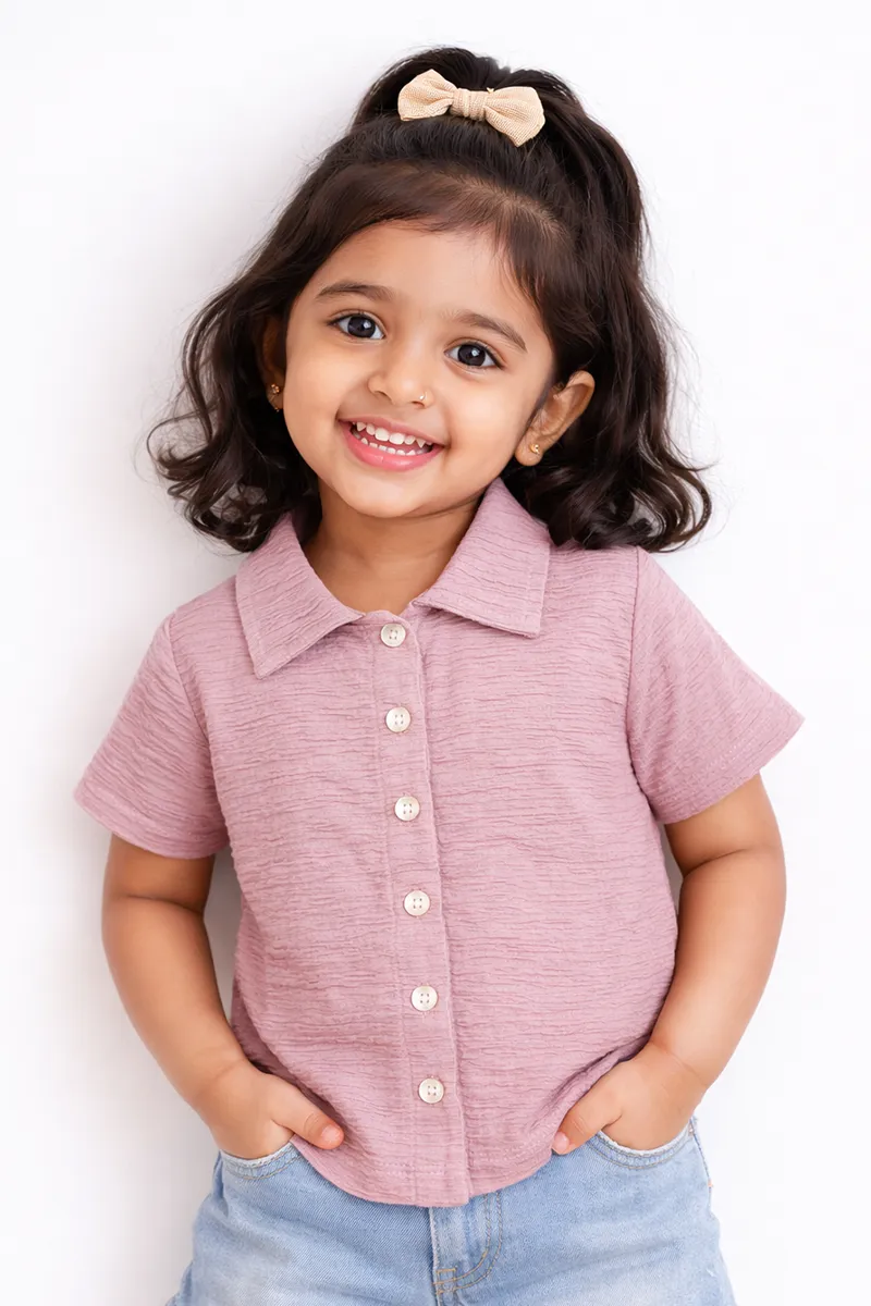 Textured Half-Sleeve Collared Top for Girls - Pink