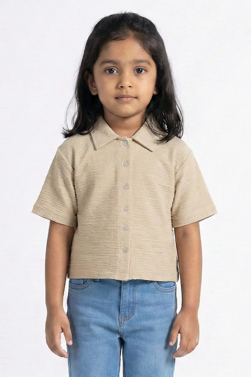 Textured Half-Sleeve Collared Top for Girls - Sandal CLGT00207SAN1112