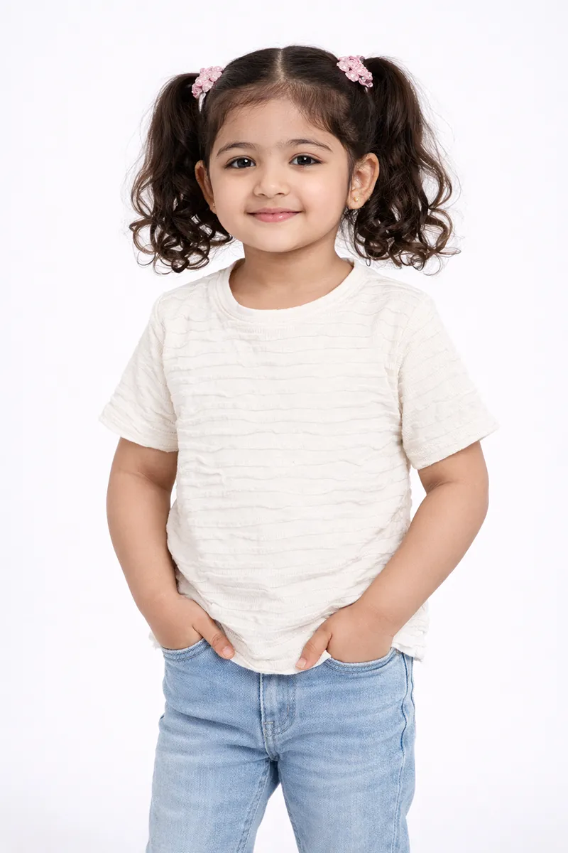 Textured Half-Sleeve Collared Top for Girls - Off White