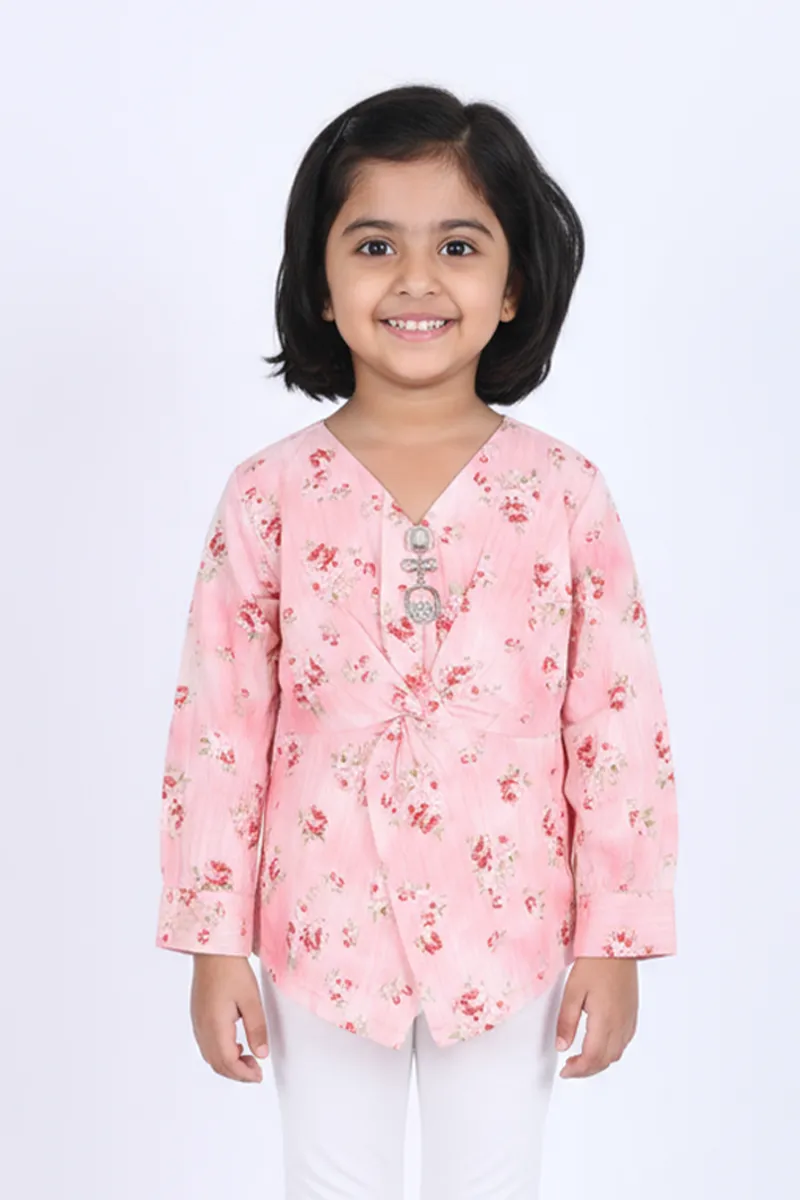 Girl's Cotton Blend Floral Printed Top - Pink CLGT0020PIN910YR