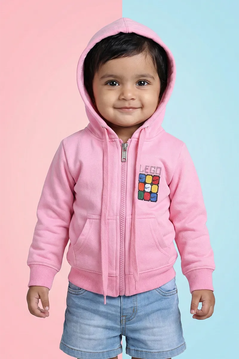 Cotton Blend Solid Casual Hoodie for Girls - Baby Pink