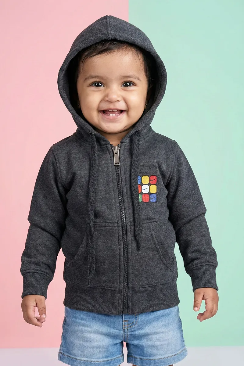 Cotton Blend Solid Casual Hoodie for Girls - Dark Grey CLGT00337DARGRE12YRS