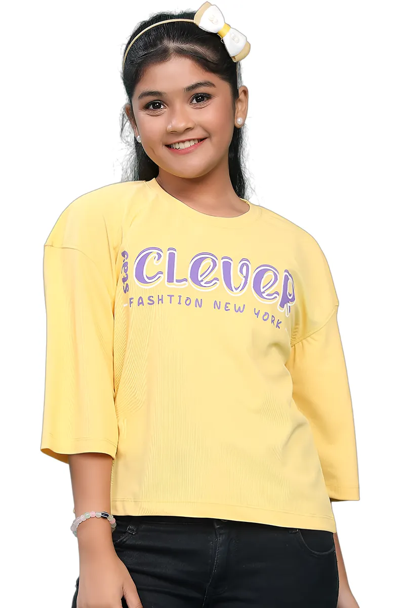 Cotton Printed Casual T-Shirt for Girls - Yellow