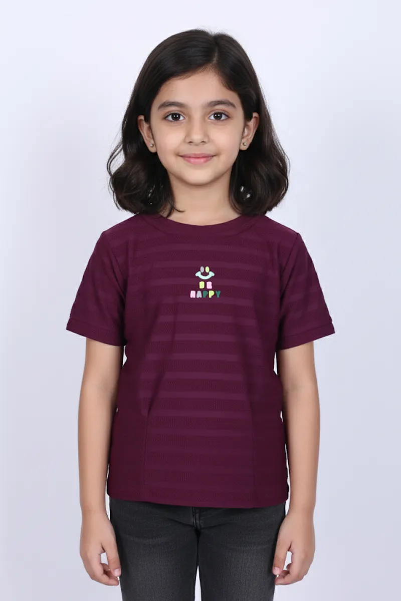 Girl's Cotton Striped Textured T-Shirt - Burgundy CLGT003BUR45YR