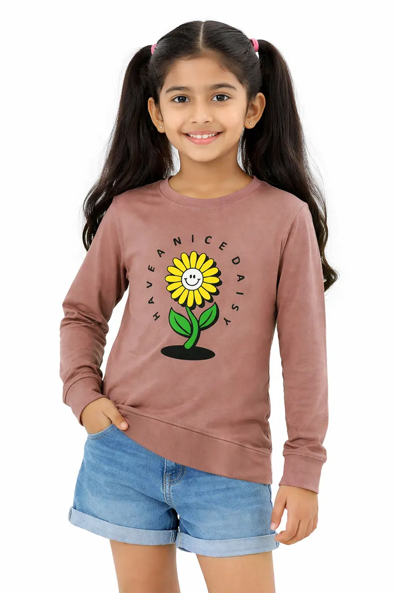 Printed Full-Sleeve T-Shirt for Girls - Brown