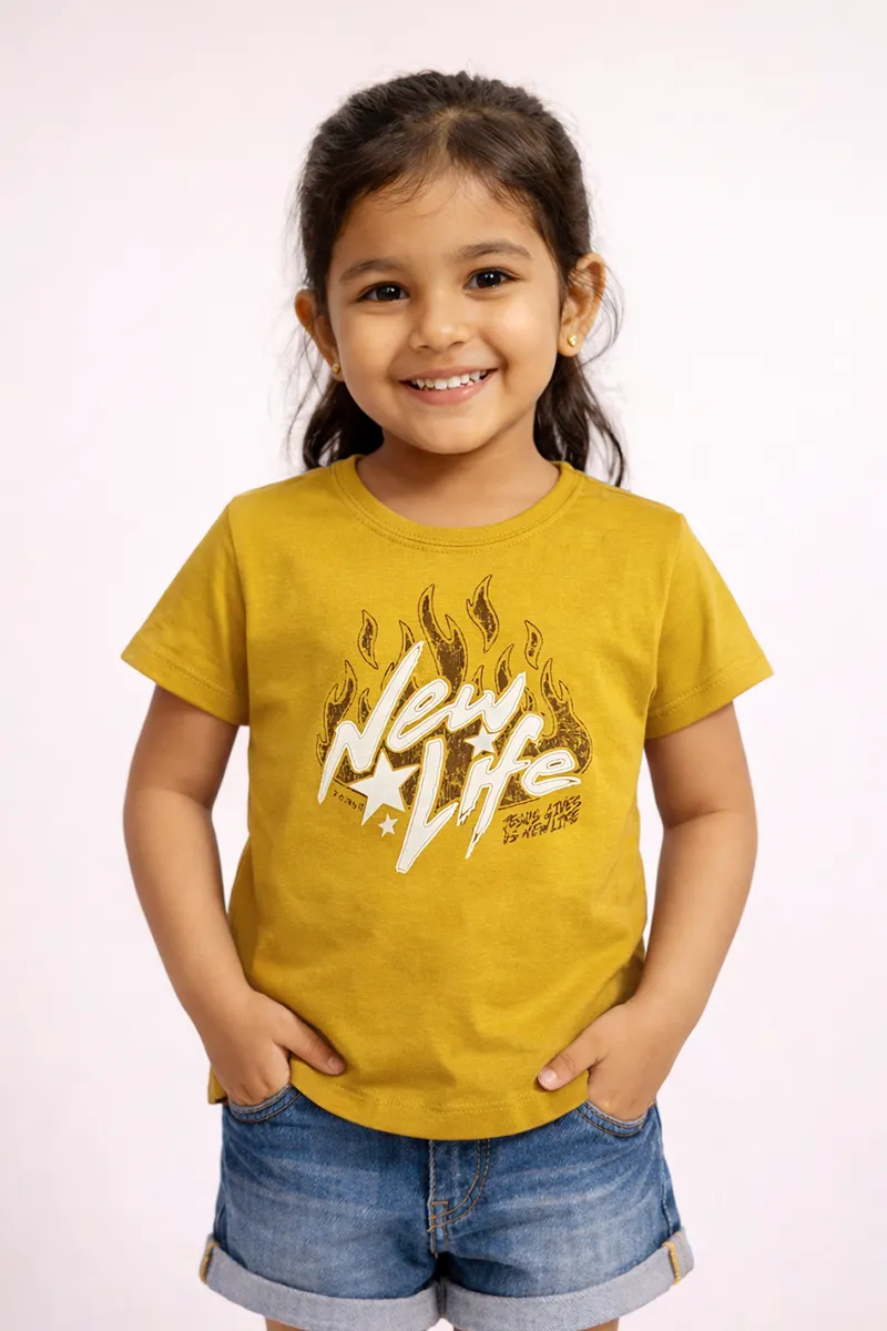 Printed T-Shirt for Girls - Mustard