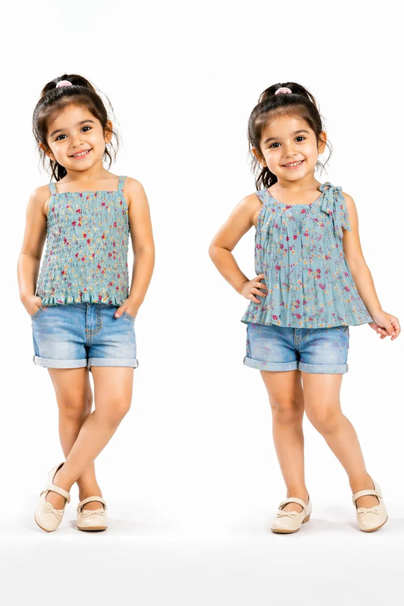 Girl's Georgette Floral Printed 2 in 1 Top - Sage Blue