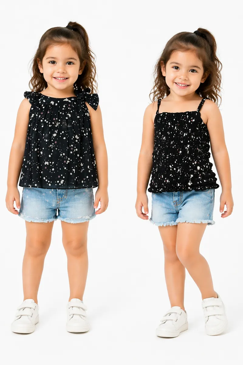 Girl's Georgette Floral Printed 2 in 1 Top - Black