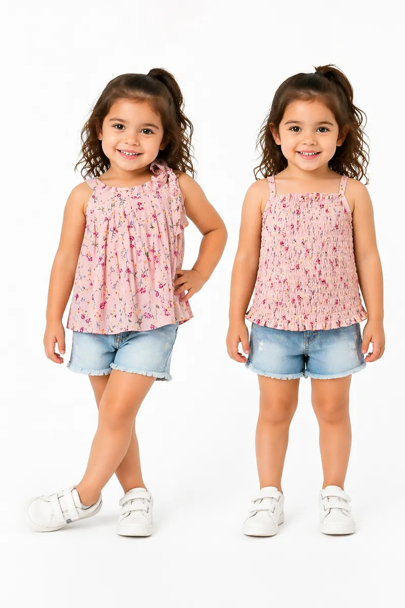 Girl's Georgette Floral Printed 2 in 1 Top - Dusty Pink