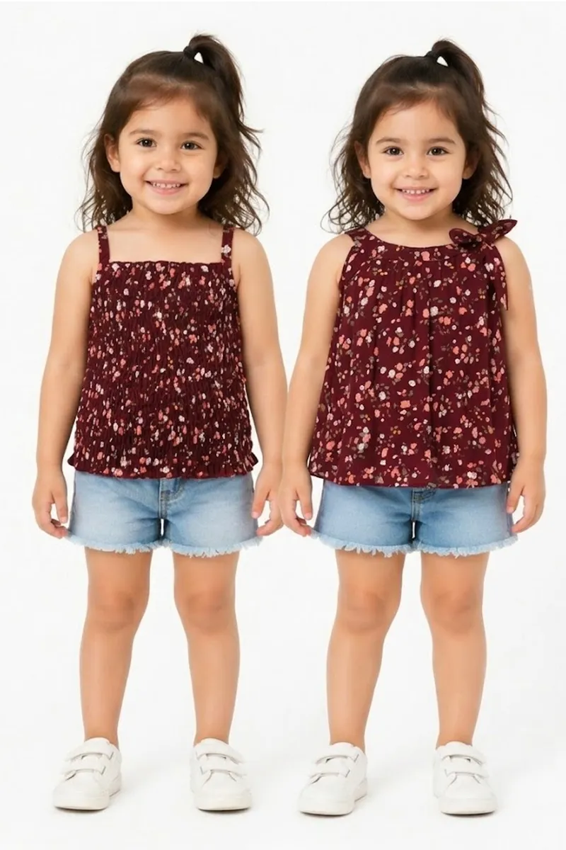 Girl's Georgette Floral Printed 2 in 1 Top - Maroon
