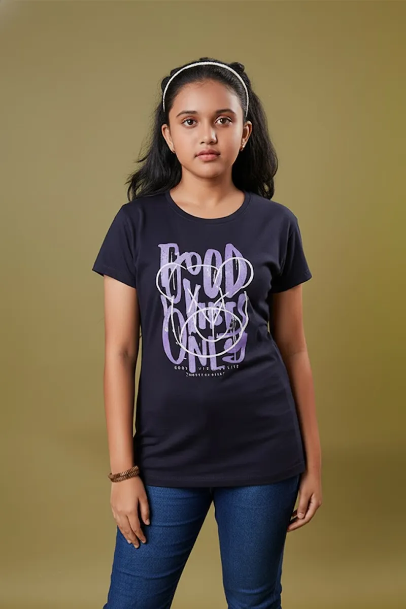 Cotton Printed T-Shirt for Girls - Black