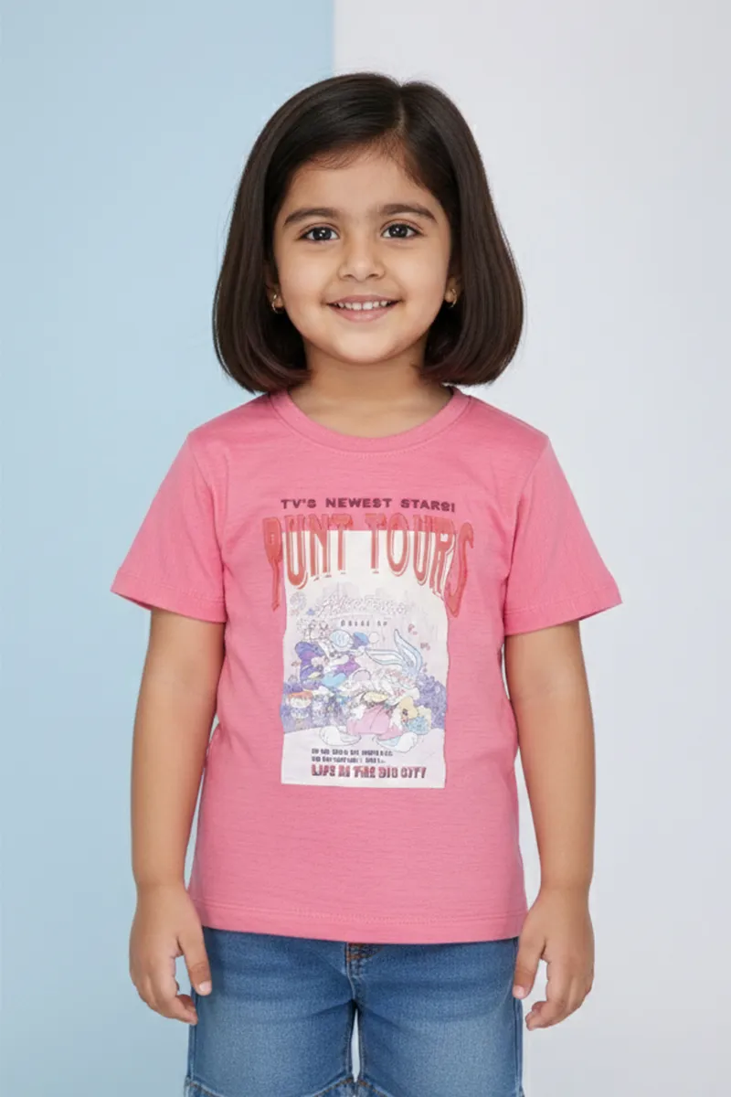 Cotton Lycra Printed T-Shirt for Girls - Pink